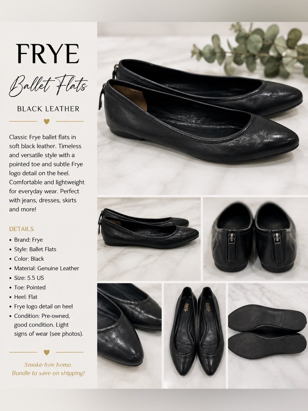 Frye Black Leather Pointed Ballet Flats size 5.5